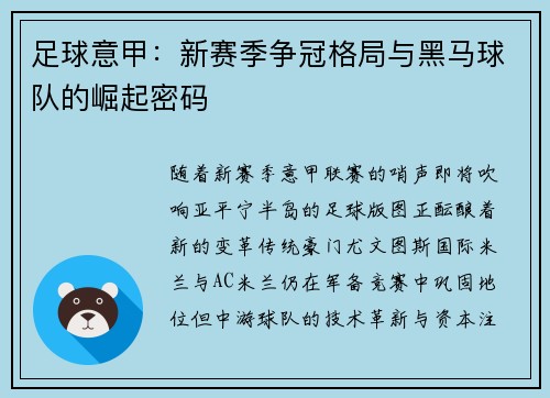 足球意甲：新赛季争冠格局与黑马球队的崛起密码