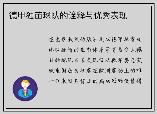 德甲独苗球队的诠释与优秀表现