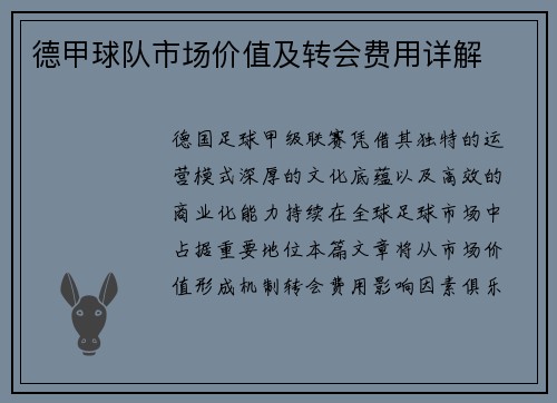 德甲球队市场价值及转会费用详解