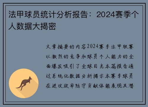 法甲球员统计分析报告：2024赛季个人数据大揭密