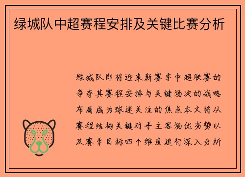 绿城队中超赛程安排及关键比赛分析